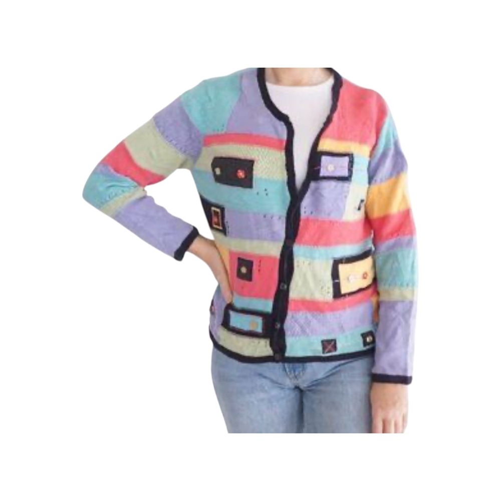 Koret Womens Multi Color Patchwork Button Accent Cardigan Sweater Cotton L